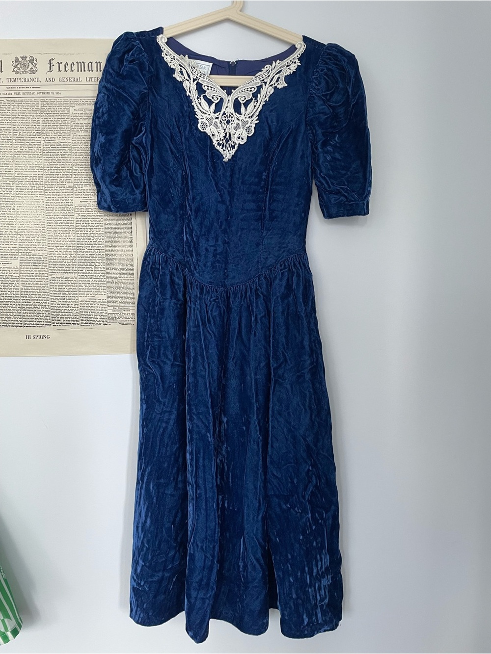 Gunne Sax Blue Velvet Dress with Lace Trim - Picture 2 of 5